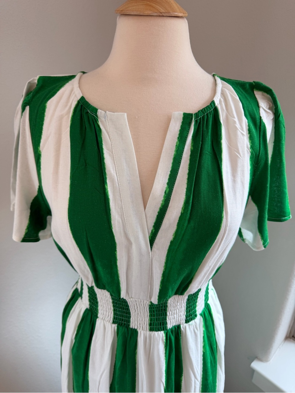 Sugarlips Rony Green/White Smocked Linen Maxi Dress Size M - Picture 2 of 10